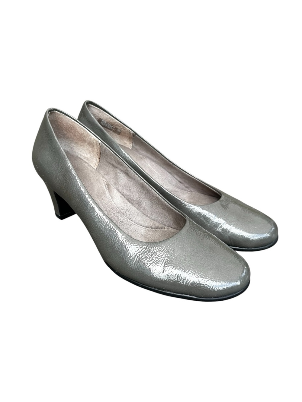 Aerosoles Red Hot Metallic Pewter Grey Patent Leather Mid Heel Pumps Size 8.5M